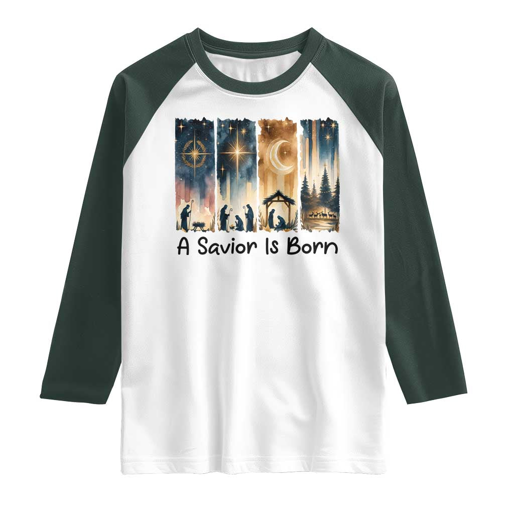 Christian Christmas Raglan Shirt A Savior Is Born Jesus Nativity Scene TS11 White Dark Forest Green Print Your Wear