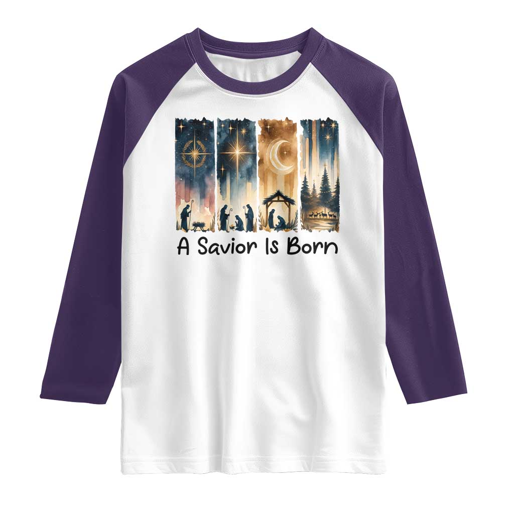 Christian Christmas Raglan Shirt A Savior Is Born Jesus Nativity Scene TS11 White Purple Print Your Wear