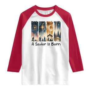 Christian Christmas Raglan Shirt A Savior Is Born Jesus Nativity Scene TS11 White Red Print Your Wear