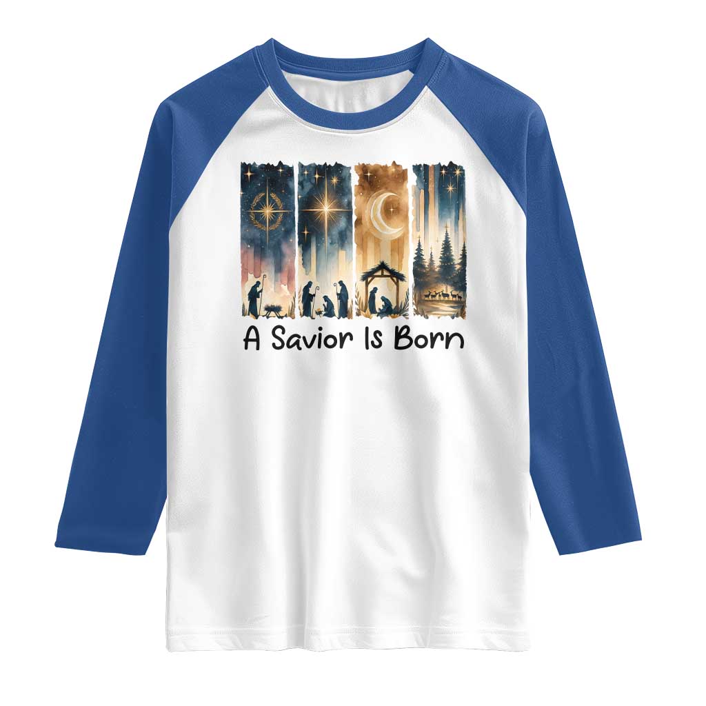 Christian Christmas Raglan Shirt A Savior Is Born Jesus Nativity Scene TS11 White Royal Print Your Wear