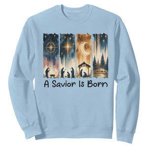 Christian Christmas Sweatshirt A Savior Is Born Jesus Nativity Scene TS11 Light Blue Print Your Wear