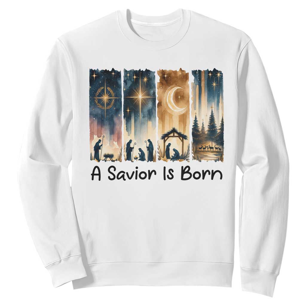Christian Christmas Sweatshirt A Savior Is Born Jesus Nativity Scene TS11 White Print Your Wear