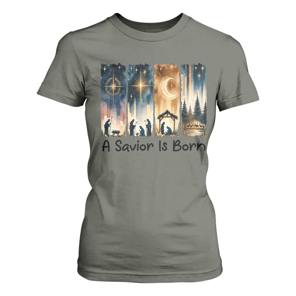Christian Christmas T Shirt For Women A Savior Is Born Jesus Nativity Scene TS11 Military Green Print Your Wear