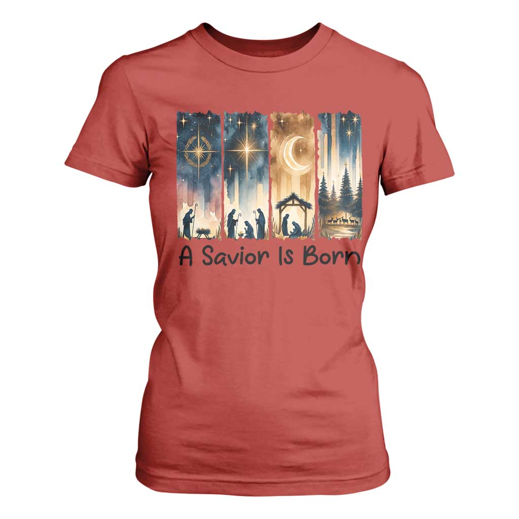 Christian Christmas T Shirt For Women A Savior Is Born Jesus Nativity Scene TS11 Red Print Your Wear