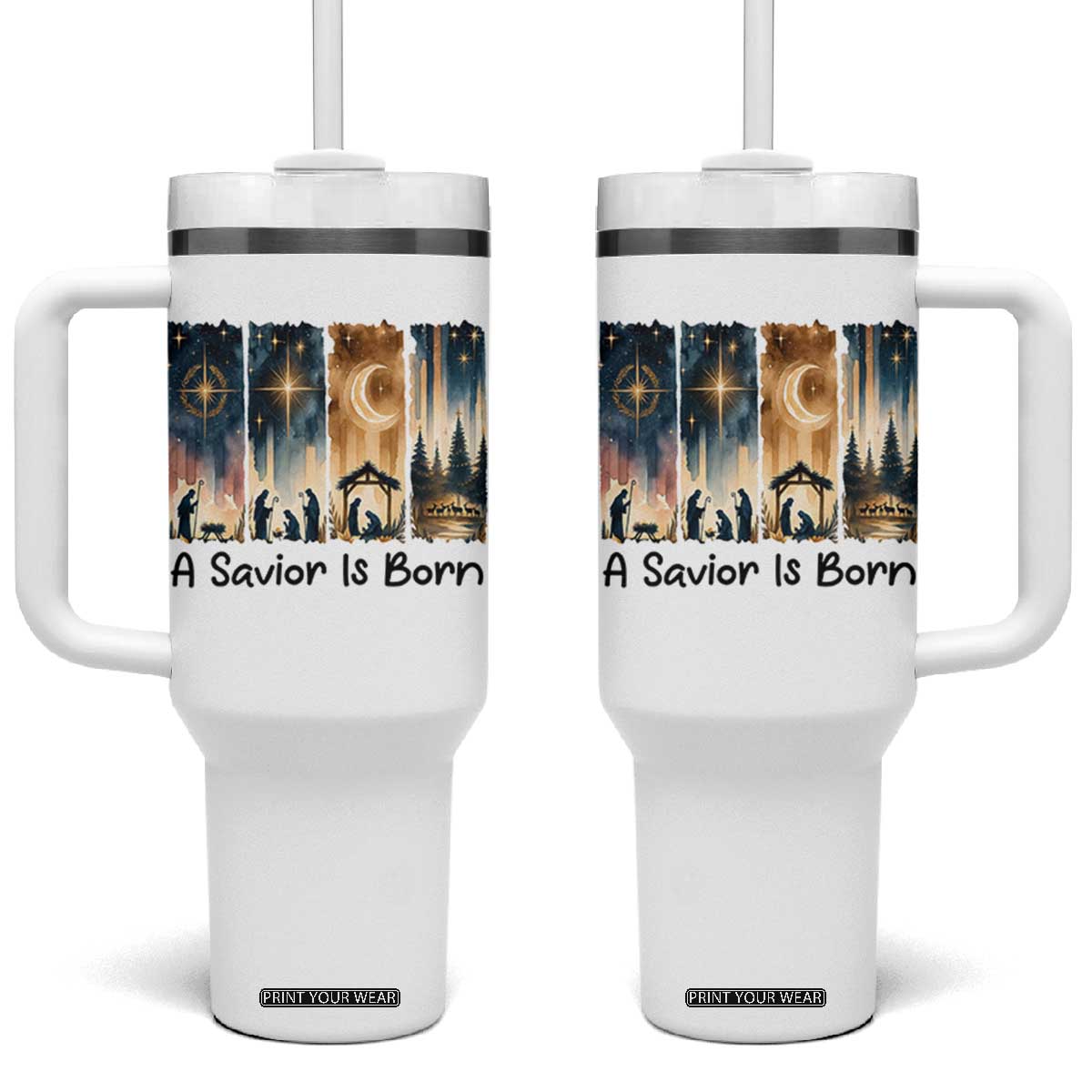 Christian Christmas Tumbler With Handle A Savior Is Born Jesus Nativity Scene TS11 One Size: 40 oz White Print Your Wear