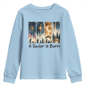 Christian Christmas Youth Sweatshirt A Savior Is Born Jesus Nativity Scene TS11 Light Blue Print Your Wear