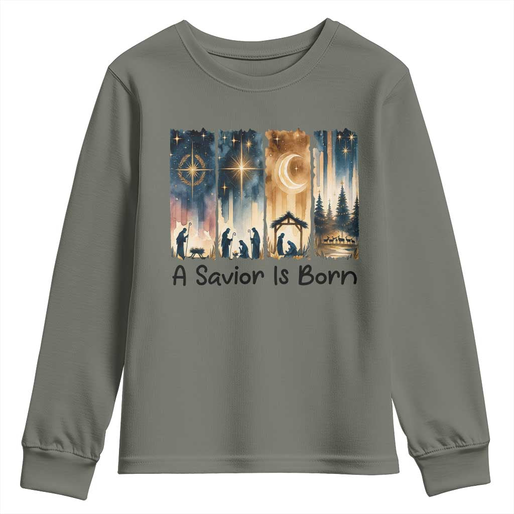 Christian Christmas Youth Sweatshirt A Savior Is Born Jesus Nativity Scene TS11 Military Green Print Your Wear