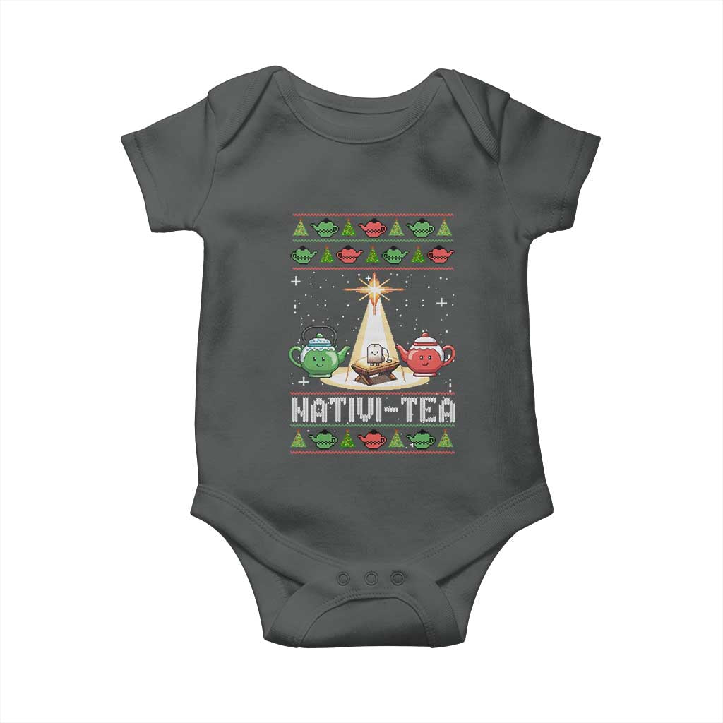 Funny Christmas Tea Lover Baby Onesie Nativi Tea Nativity Scene Christian Xmas TS11 Dark Heather Print Your Wear