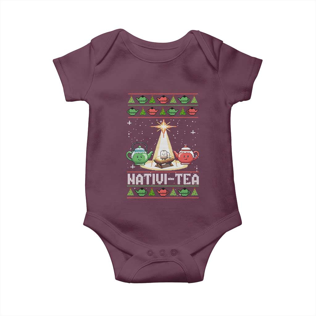 Funny Christmas Tea Lover Baby Onesie Nativi Tea Nativity Scene Christian Xmas TS11 Maroon Print Your Wear