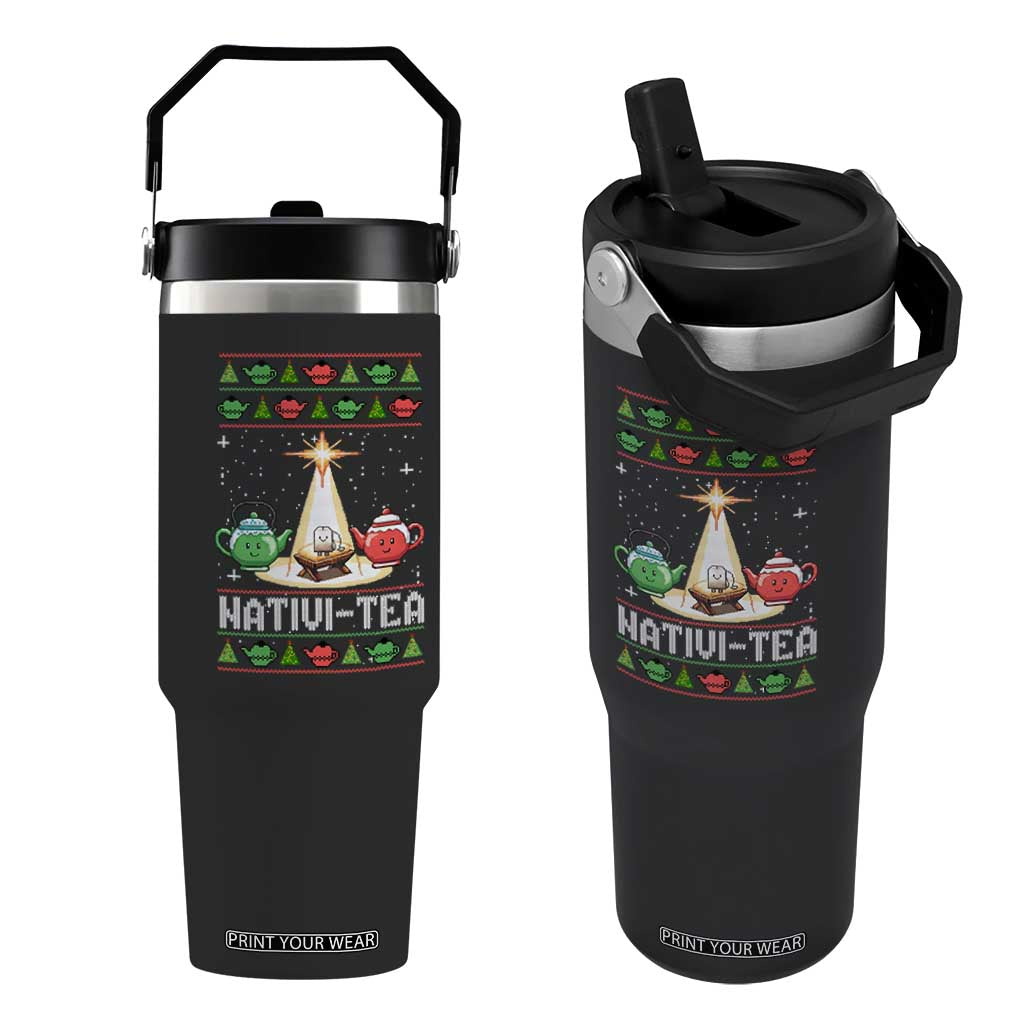 Funny Christmas Tea Lover Flip Straw Tumbler Nativi Tea Nativity Scene Christian Xmas TS11 One Size: 30 oz Black Print Your Wear