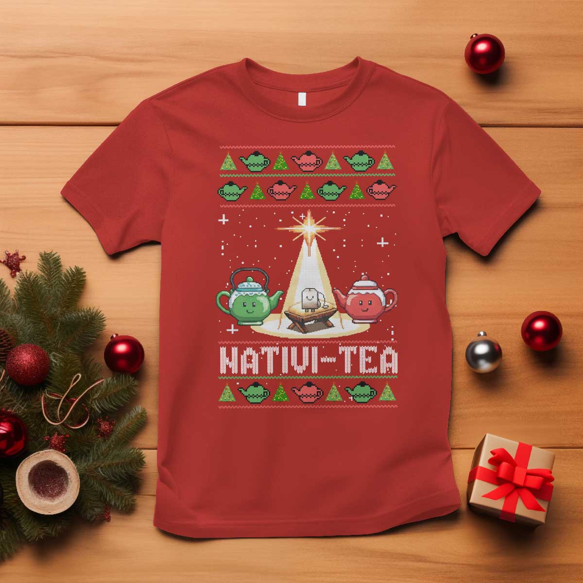 Funny Christmas Tea Lover T Shirt Nativi Tea Nativity Scene Christian Xmas TS11 Red Print Your Wear