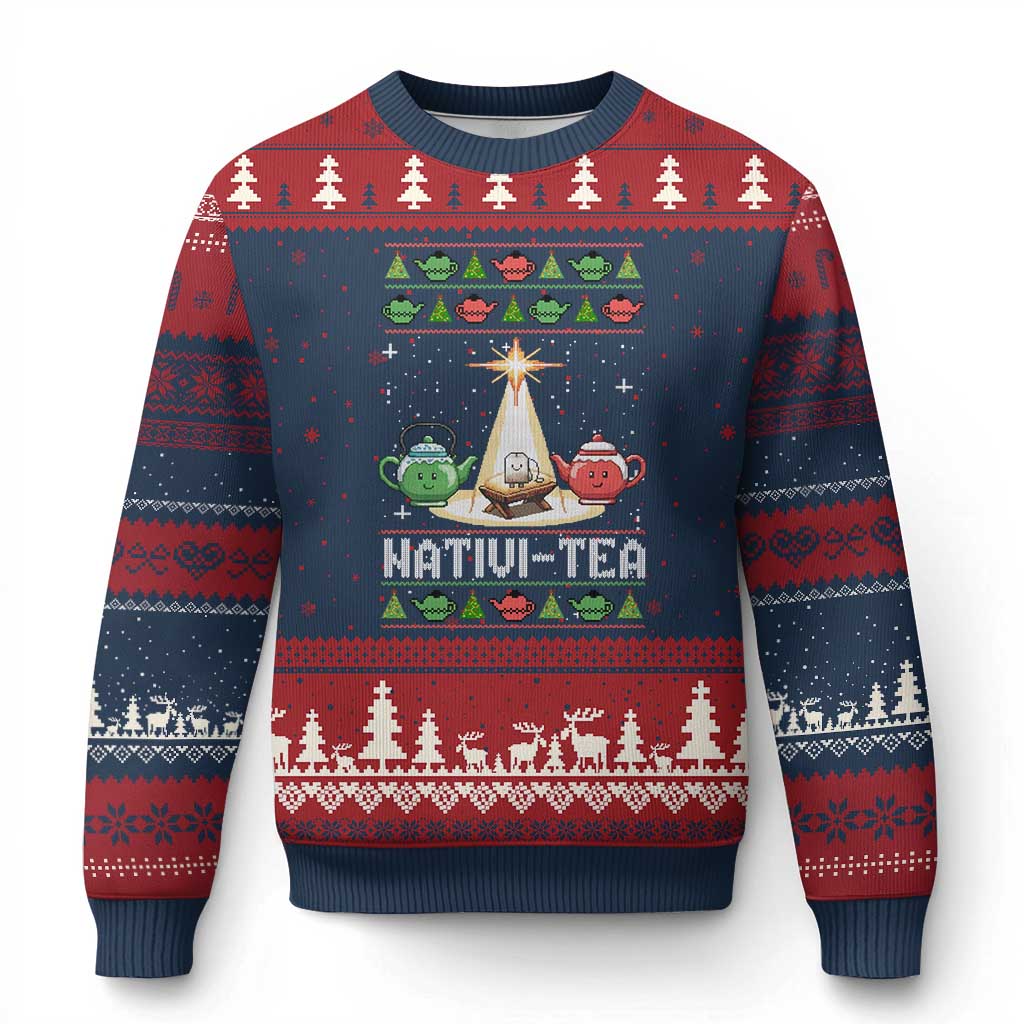 Funny Xmas Tea Lover Ugly Christmas Sweater Nativi Tea Nativity Scene Christian Xmas TS11 Navy Red Print Your Wear