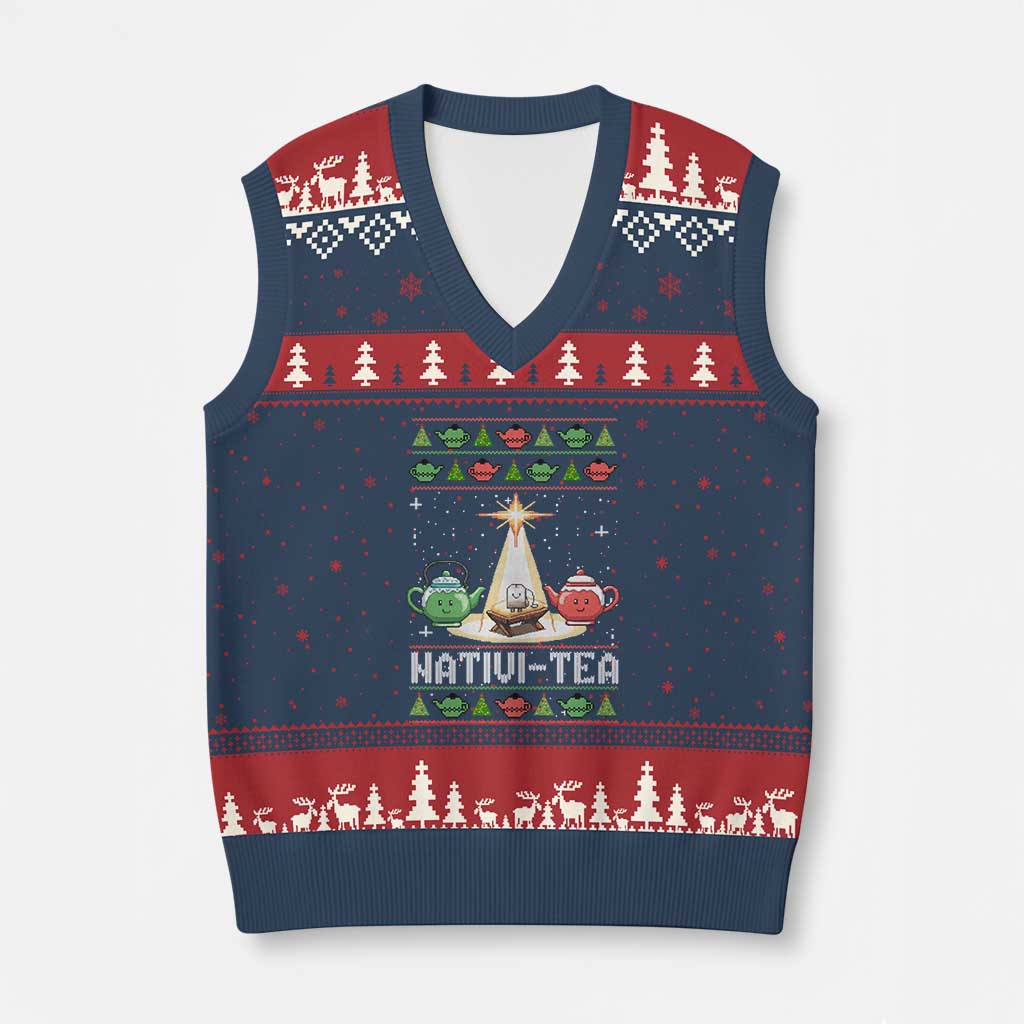 Funny Xmas Tea Lover V-Neck Knit Sweater Vest Nativi Tea Nativity Scene Christian Xmas TS11 Navy Red Print Your Wear