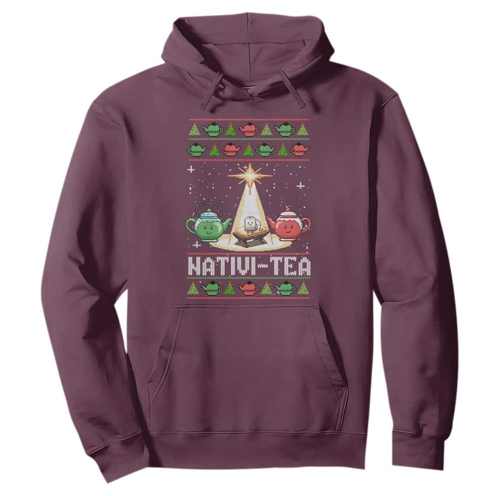 Funny Christmas Tea Lover Hoodie Nativi Tea Nativity Scene Christian Xmas TS11 Maroon Print Your Wear
