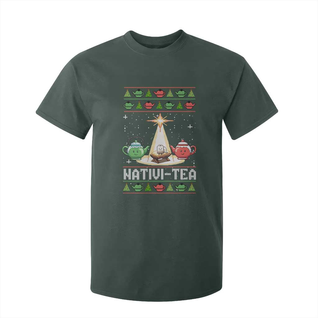 Funny Christmas Tea Lover T Shirt For Kid Nativi Tea Nativity Scene Christian Xmas TS11 Dark Forest Green Print Your Wear