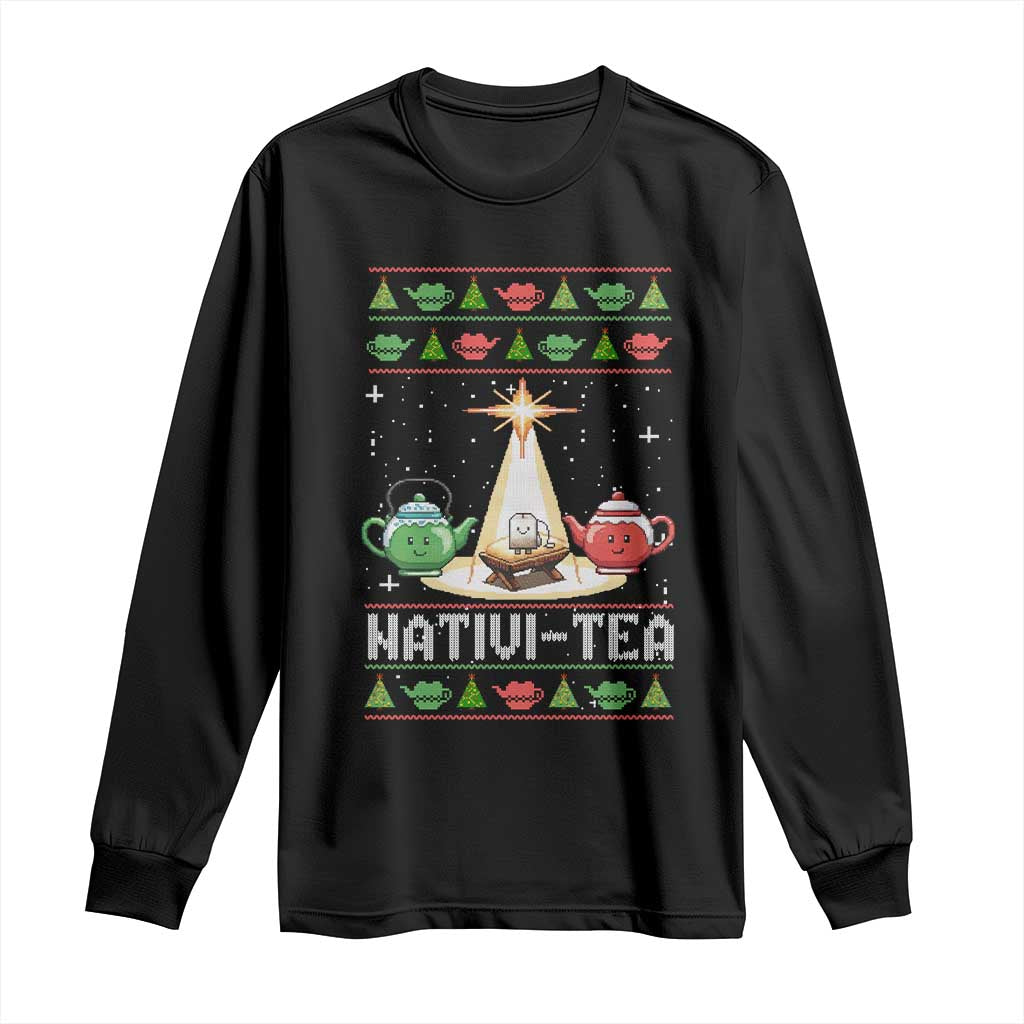 Funny Christmas Tea Lover Long Sleeve Shirt Nativi Tea Nativity Scene Christian Xmas TS11 Black Print Your Wear