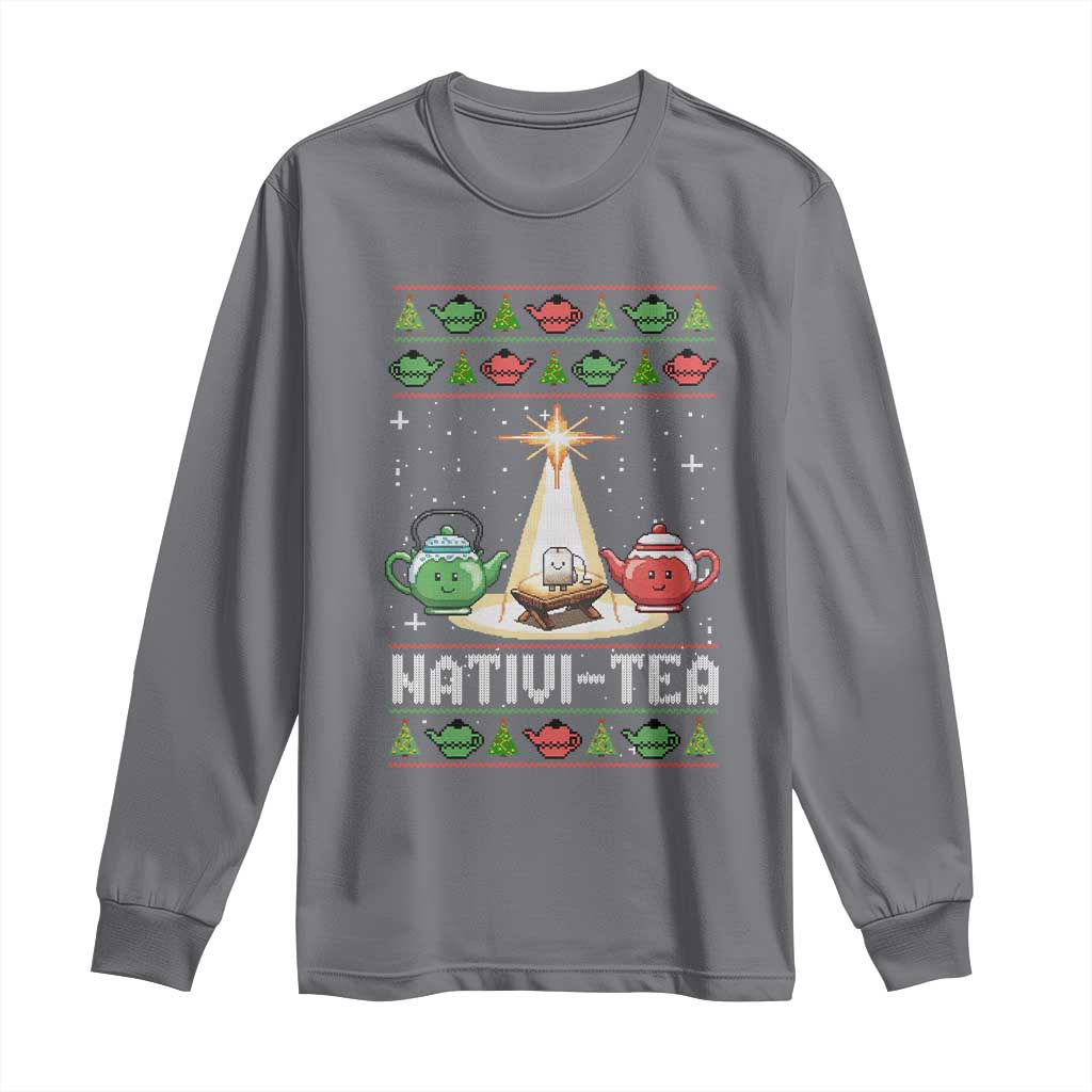 Funny Christmas Tea Lover Long Sleeve Shirt Nativi Tea Nativity Scene Christian Xmas TS11 Charcoal Print Your Wear