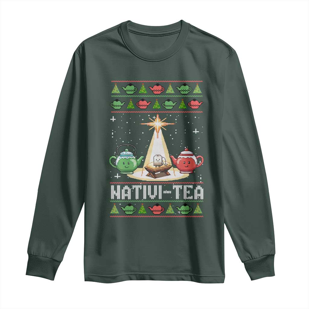 Funny Christmas Tea Lover Long Sleeve Shirt Nativi Tea Nativity Scene Christian Xmas TS11 Dark Forest Green Print Your Wear