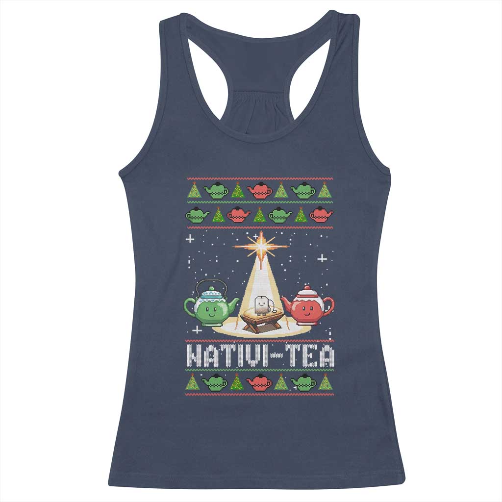Funny Christmas Tea Lover Racerback Tank Top Nativi Tea Nativity Scene Christian Xmas TS11 Navy Print Your Wear