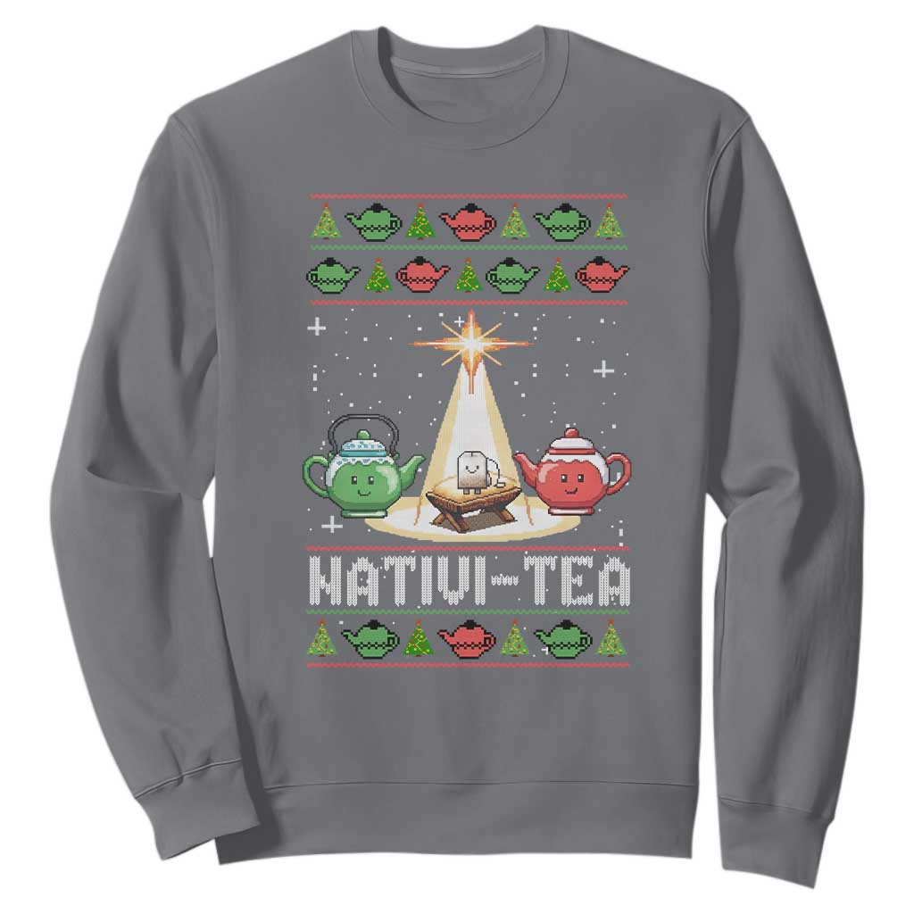 Funny Christmas Tea Lover Sweatshirt Nativi Tea Nativity Scene Christian Xmas TS11 Charcoal Print Your Wear