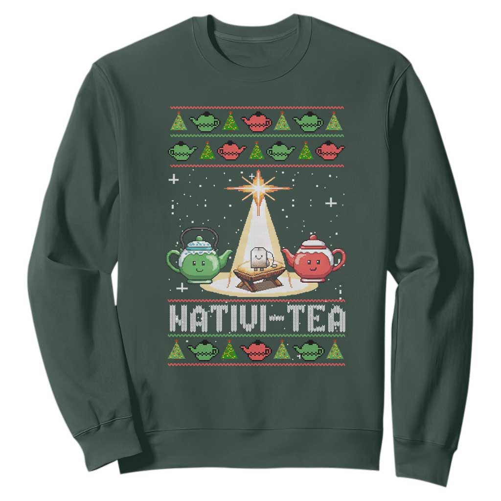 Funny Christmas Tea Lover Sweatshirt Nativi Tea Nativity Scene Christian Xmas TS11 Dark Forest Green Print Your Wear