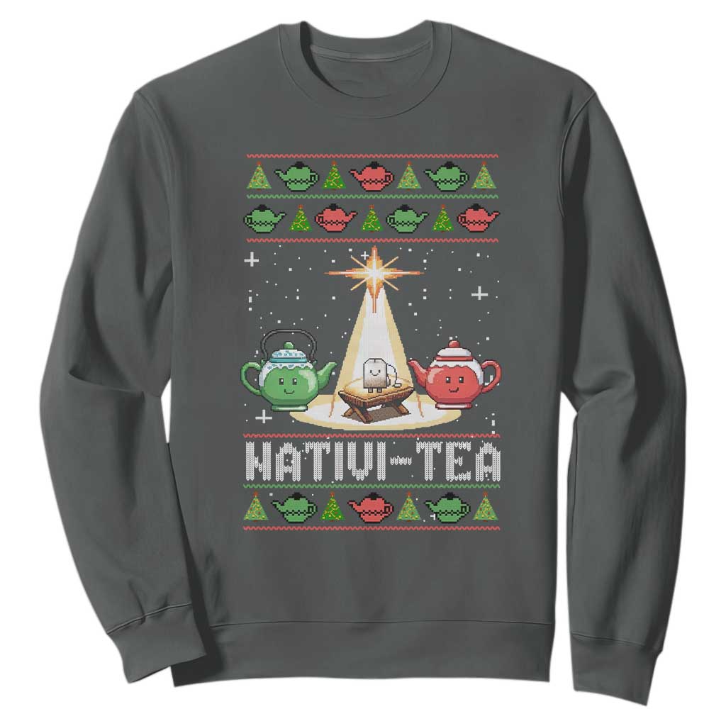 Funny Christmas Tea Lover Sweatshirt Nativi Tea Nativity Scene Christian Xmas TS11 Dark Heather Print Your Wear