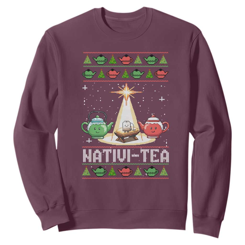 Funny Christmas Tea Lover Sweatshirt Nativi Tea Nativity Scene Christian Xmas TS11 Maroon Print Your Wear