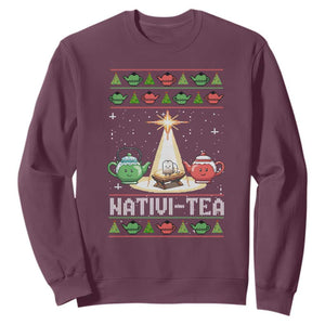 Funny Christmas Tea Lover Sweatshirt Nativi Tea Nativity Scene Christian Xmas TS11 Maroon Print Your Wear