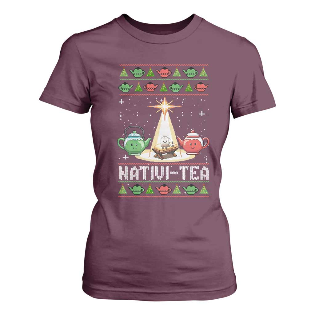 Funny Christmas Tea Lover T Shirt For Women Nativi Tea Nativity Scene Christian Xmas TS11 Maroon Print Your Wear