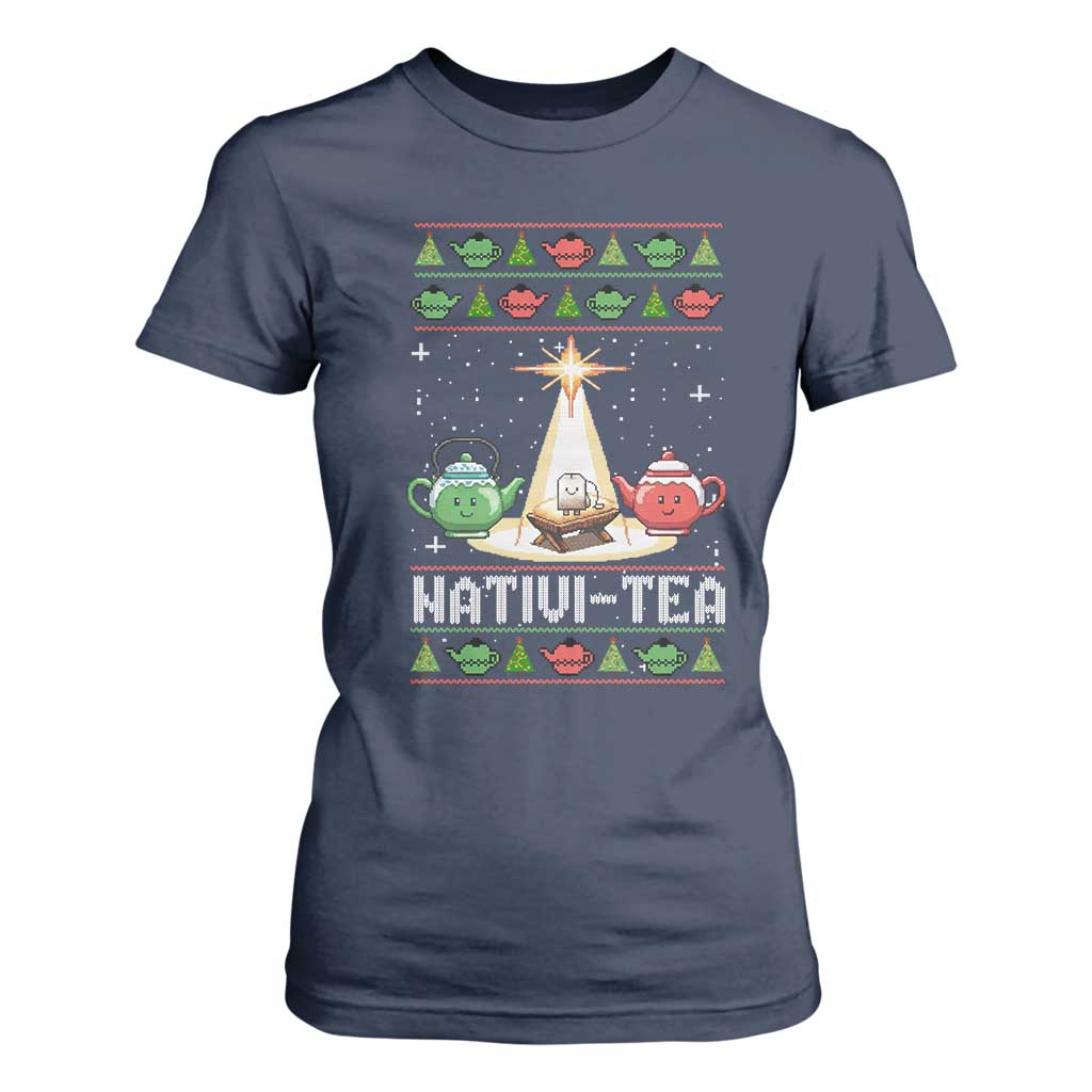 Funny Christmas Tea Lover T Shirt For Women Nativi Tea Nativity Scene Christian Xmas TS11 Navy Print Your Wear