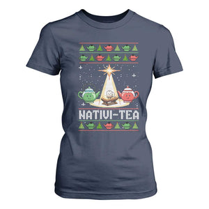 Funny Christmas Tea Lover T Shirt For Women Nativi Tea Nativity Scene Christian Xmas TS11 Navy Print Your Wear