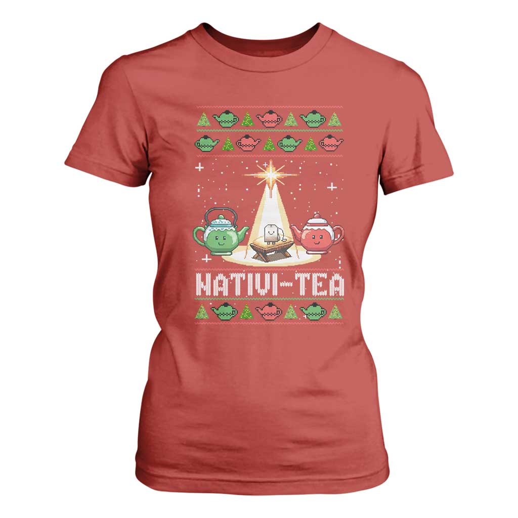 Funny Christmas Tea Lover T Shirt For Women Nativi Tea Nativity Scene Christian Xmas TS11 Red Print Your Wear
