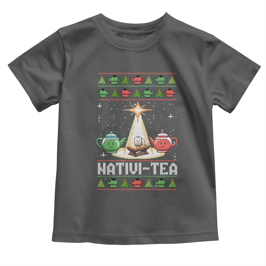 Funny Christmas Tea Lover Toddler T Shirt Nativi Tea Nativity Scene Christian Xmas TS11 Dark Heather Print Your Wear