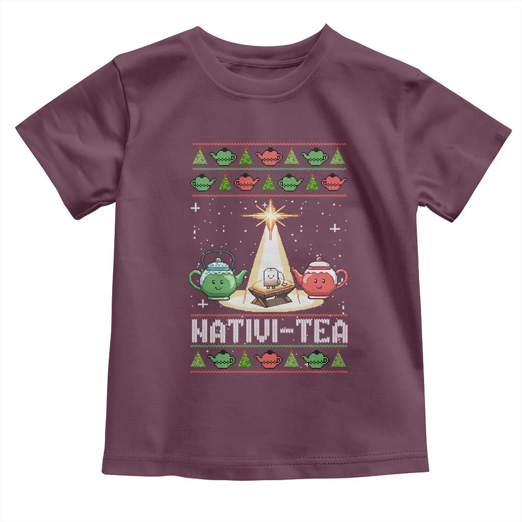 Funny Christmas Tea Lover Toddler T Shirt Nativi Tea Nativity Scene Christian Xmas TS11 Maroon Print Your Wear