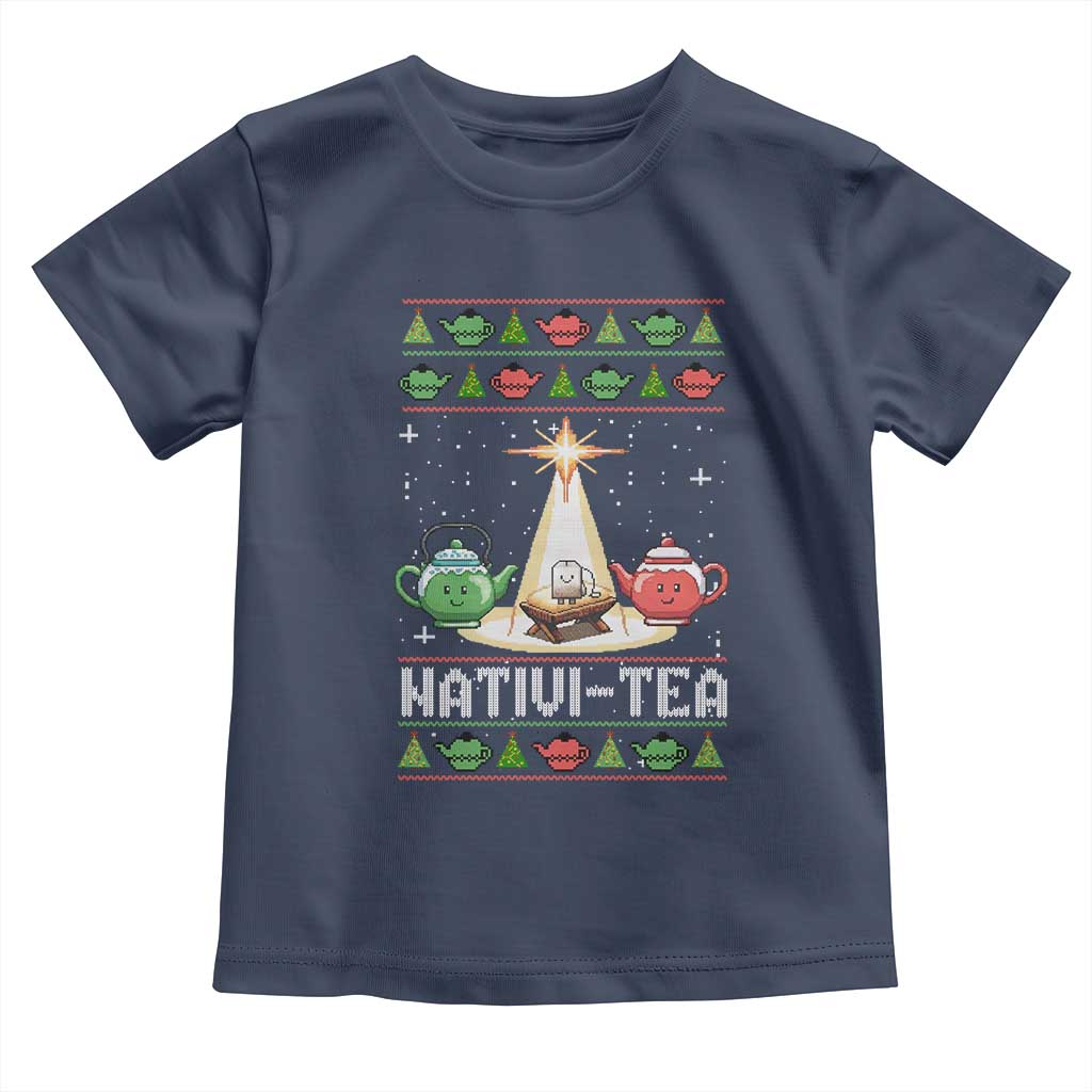 Funny Christmas Tea Lover Toddler T Shirt Nativi Tea Nativity Scene Christian Xmas TS11 Navy Print Your Wear