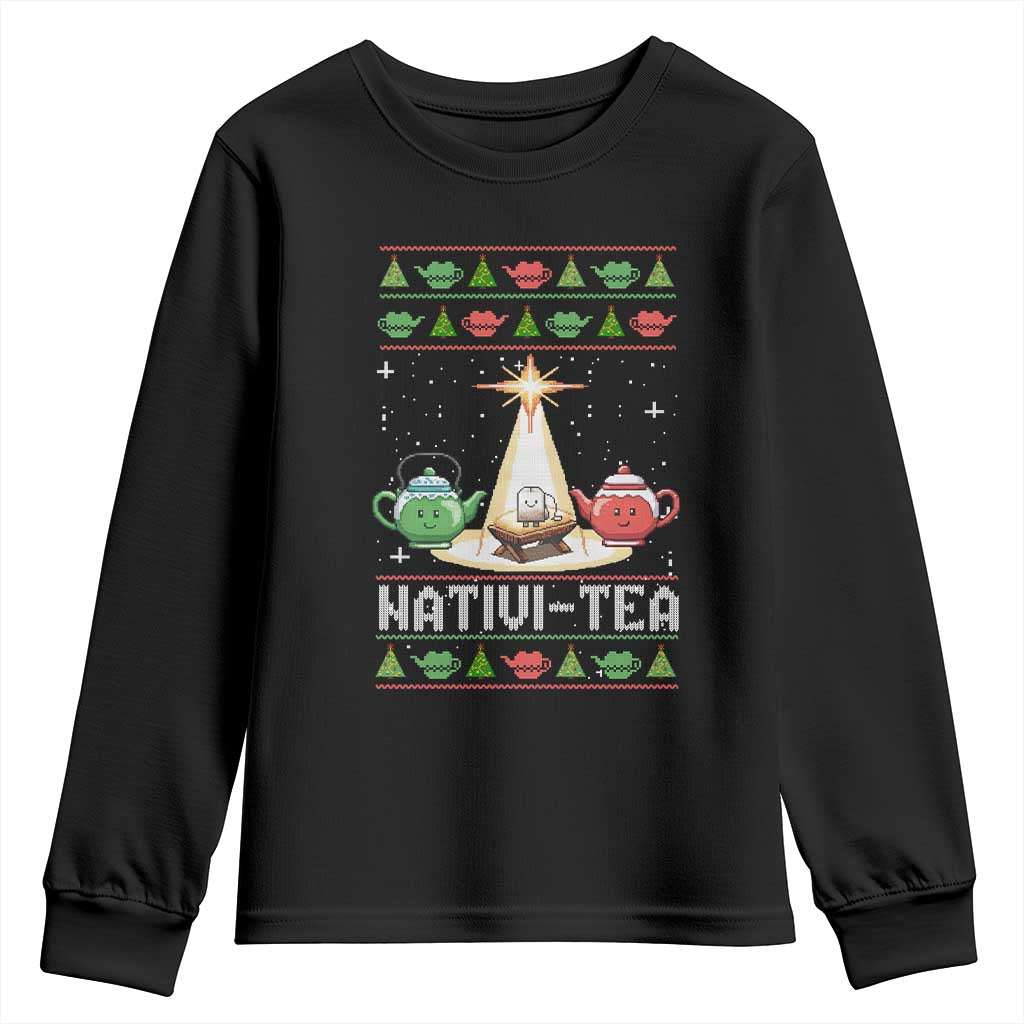 Funny Christmas Tea Lover Youth Sweatshirt Nativi Tea Nativity Scene Christian Xmas TS11 Black Print Your Wear