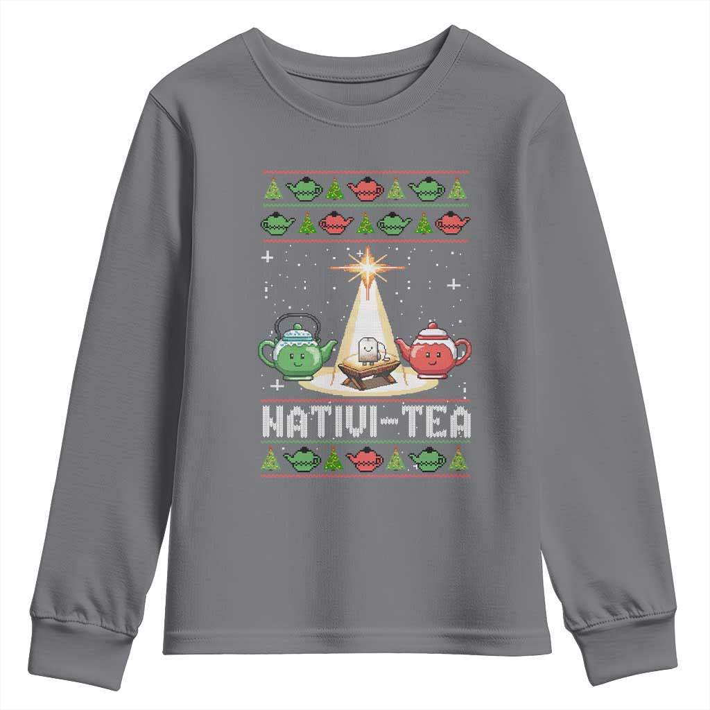 Funny Christmas Tea Lover Youth Sweatshirt Nativi Tea Nativity Scene Christian Xmas TS11 Charcoal Print Your Wear
