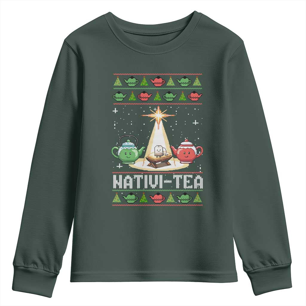 Funny Christmas Tea Lover Youth Sweatshirt Nativi Tea Nativity Scene Christian Xmas TS11 Dark Forest Green Print Your Wear