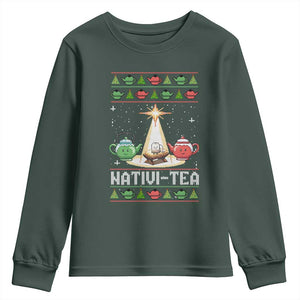 Funny Christmas Tea Lover Youth Sweatshirt Nativi Tea Nativity Scene Christian Xmas TS11 Dark Forest Green Print Your Wear