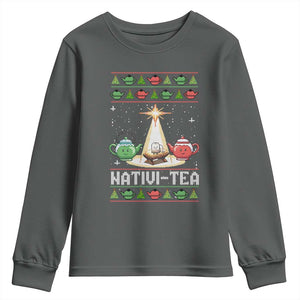 Funny Christmas Tea Lover Youth Sweatshirt Nativi Tea Nativity Scene Christian Xmas TS11 Dark Heather Print Your Wear