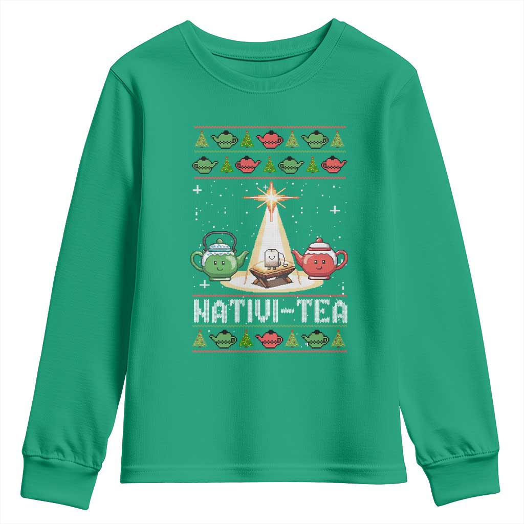 Funny Christmas Tea Lover Youth Sweatshirt Nativi Tea Nativity Scene Christian Xmas TS11 Irish Green Print Your Wear