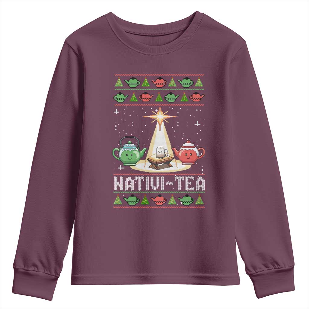Funny Christmas Tea Lover Youth Sweatshirt Nativi Tea Nativity Scene Christian Xmas TS11 Maroon Print Your Wear
