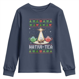 Funny Christmas Tea Lover Youth Sweatshirt Nativi Tea Nativity Scene Christian Xmas TS11 Navy Print Your Wear