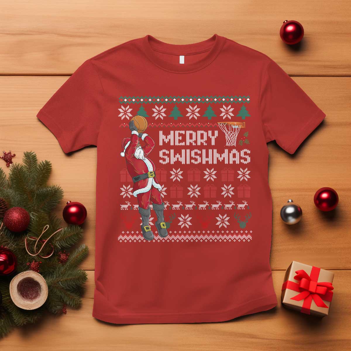 Funny Black Santa Christmas Basketball T Shirt Merry Swishmass Xmas Sport TS11 Red Print Your Wear
