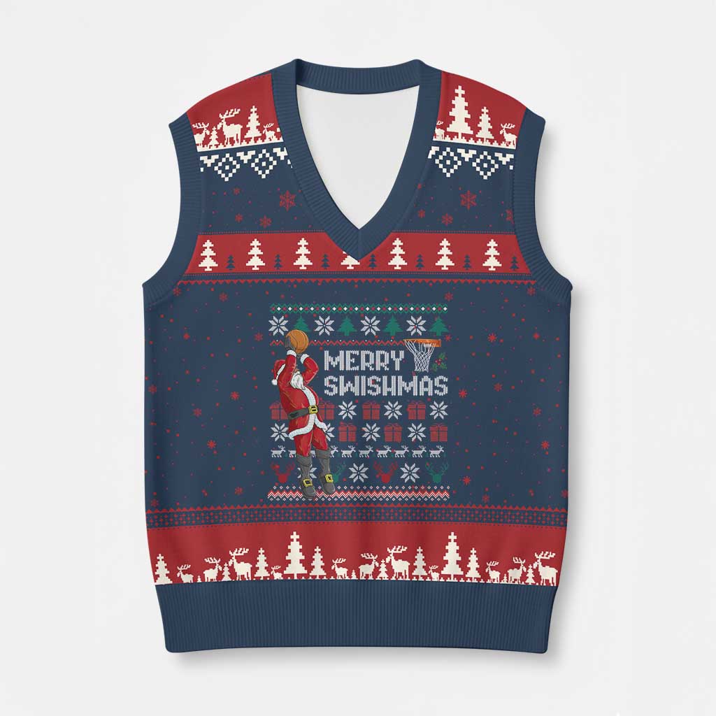 Funny Black Santa Christmas Basketball V-Neck Knit Sweater Vest Merry Swishmass Xmas Sport TS11 Navy Red Print Your Wear