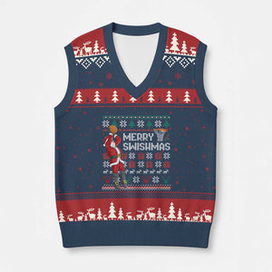 Funny Black Santa Christmas Basketball V-Neck Knit Sweater Vest Merry Swishmass Xmas Sport TS11 Navy Red Print Your Wear