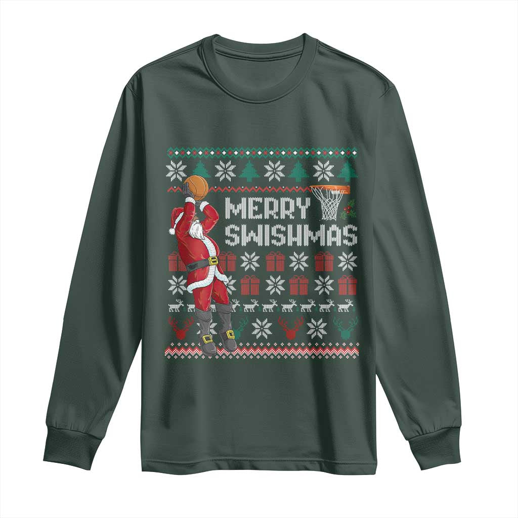 Funny Black Santa Christmas Basketball Long Sleeve Shirt Merry Swishmass Xmas Sport TS11 Dark Forest Green Print Your Wear