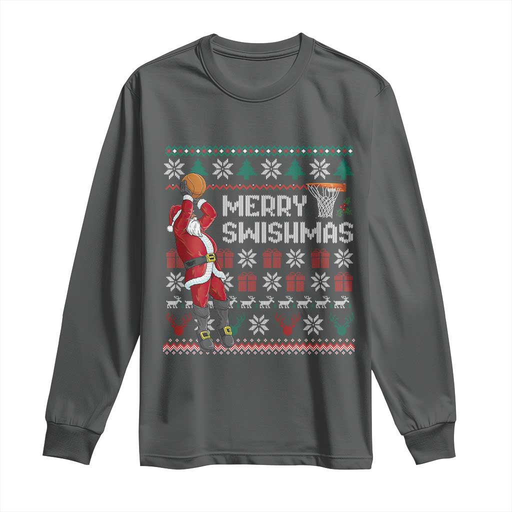 Funny Black Santa Christmas Basketball Long Sleeve Shirt Merry Swishmass Xmas Sport TS11 Dark Heather Print Your Wear