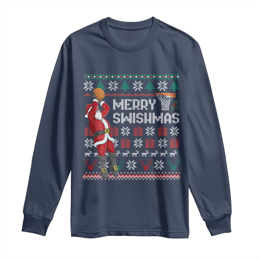 Funny Black Santa Christmas Basketball Long Sleeve Shirt Merry Swishmass Xmas Sport TS11 Navy Print Your Wear