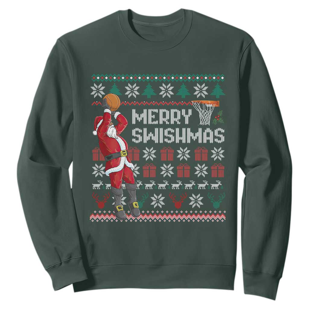 Funny Black Santa Christmas Basketball Sweatshirt Merry Swishmass Xmas Sport TS11 Dark Forest Green Print Your Wear